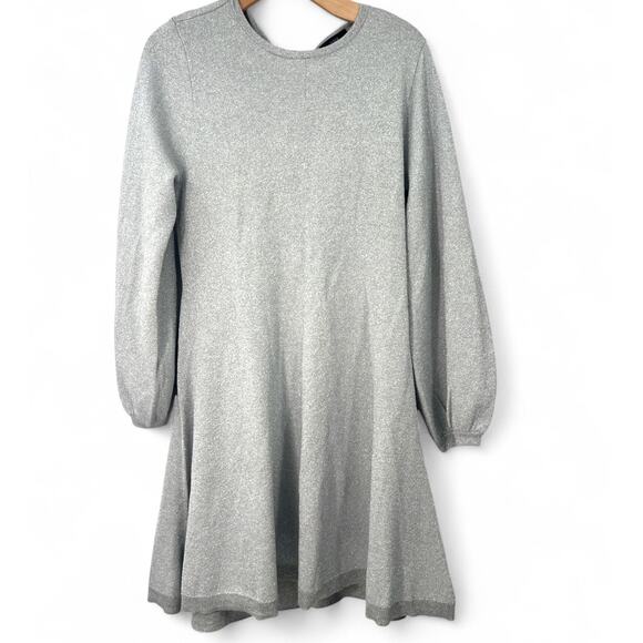 New J Crew L Knit Dress Sweater Metallic Silver Long Sleeve Mini Balloon Sleeve - Picture 3 of 5